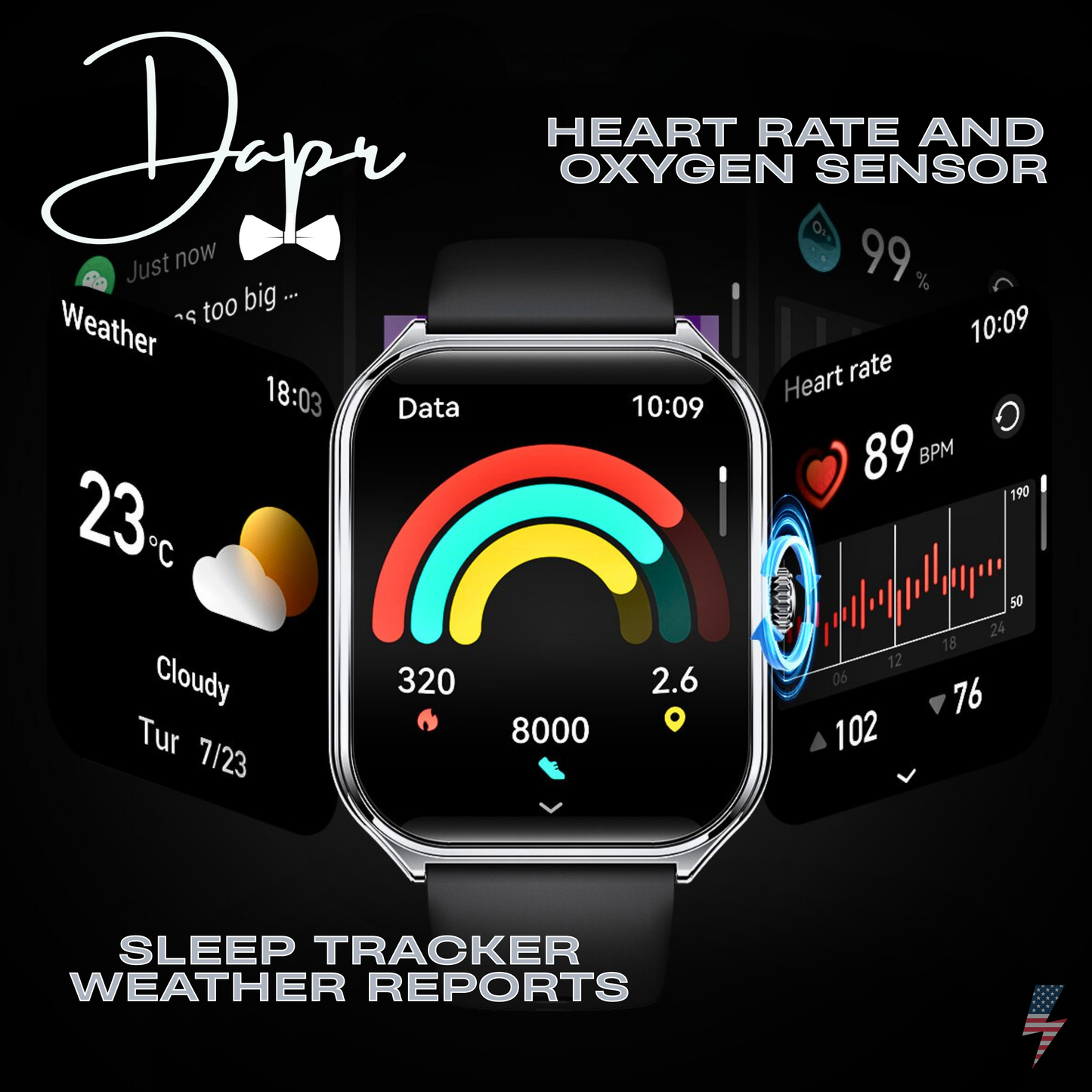 Dapr Watches- Ultra thin smartwatch 7.5mm, Bluetooth, Heart rate and Oxygen sensors, Text and Phone calls
