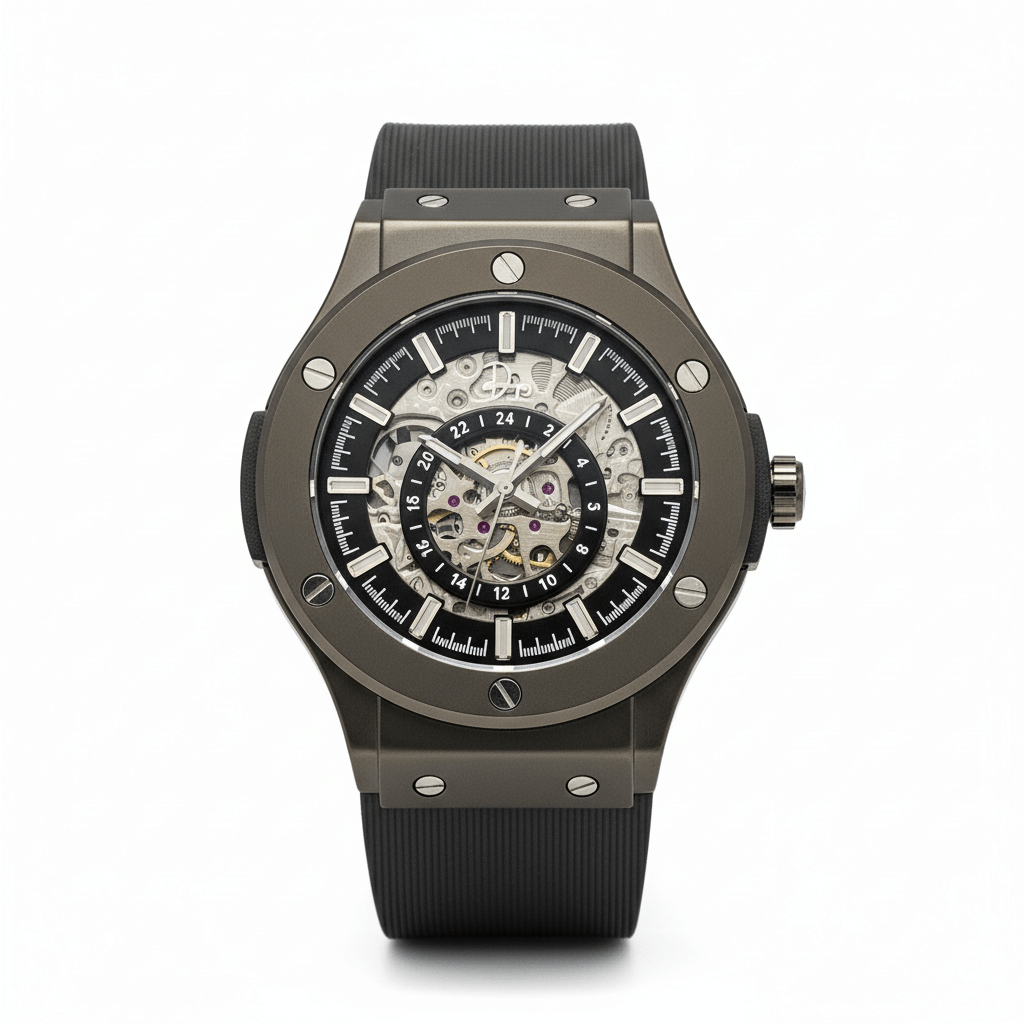 Skeleton automatic luxury watch - The 199 Gunmetal with sapphire glass and stainless steel case.