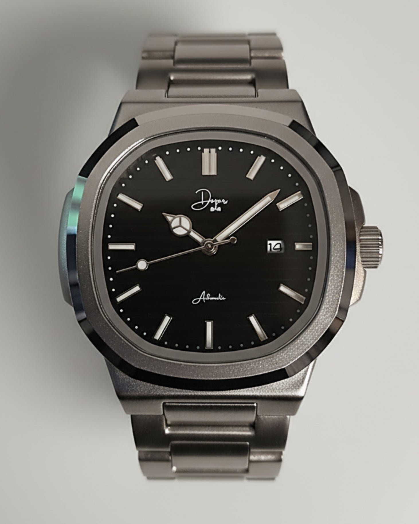 Watch with black dial and silver case surrounded by mechanical gears on a dark blue background