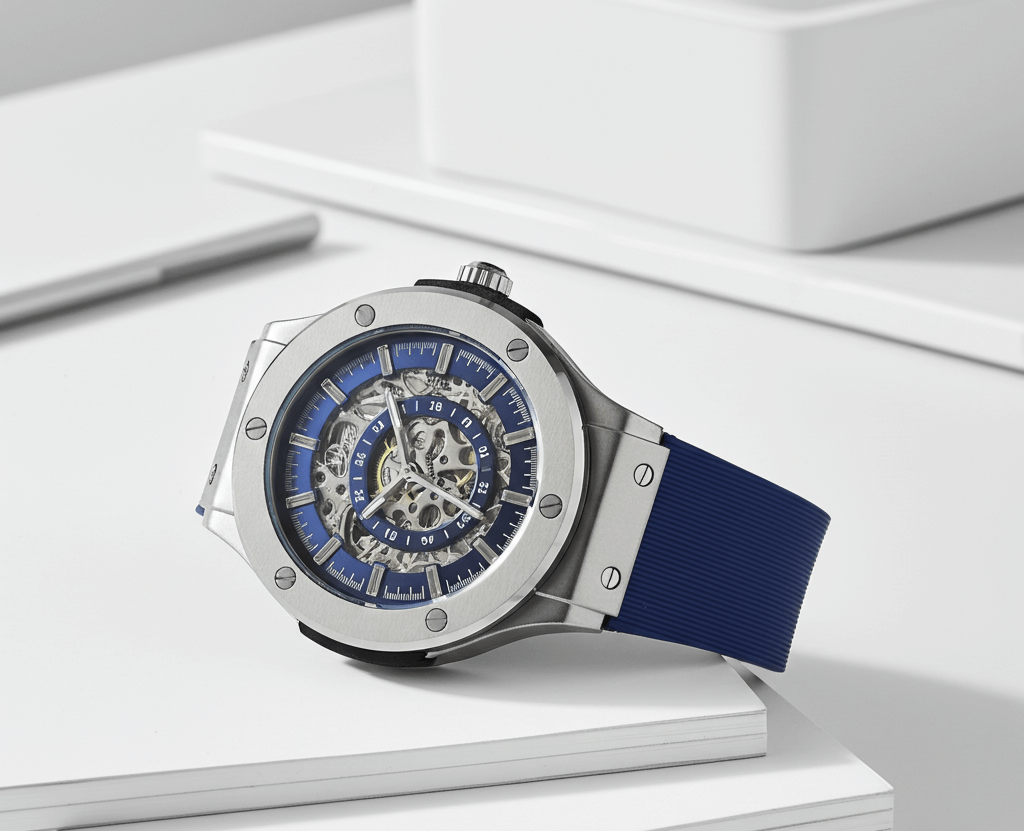 Watch with blue strap on a white surface