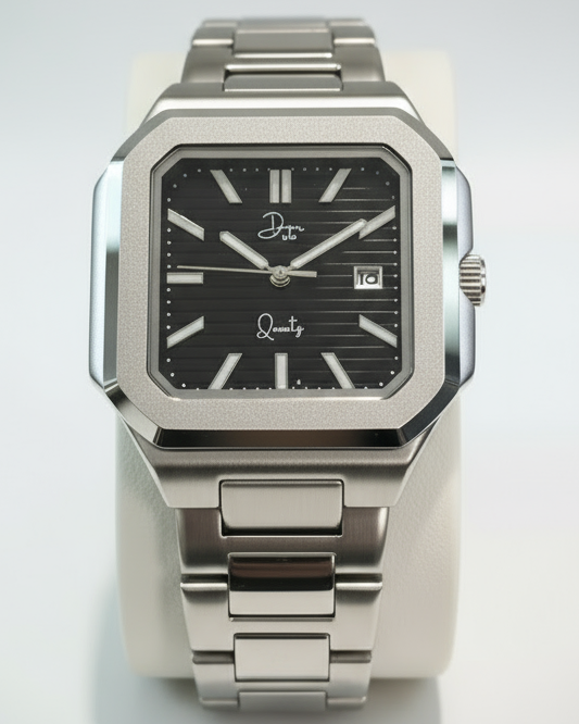 Silver watch with black face on a light gray background