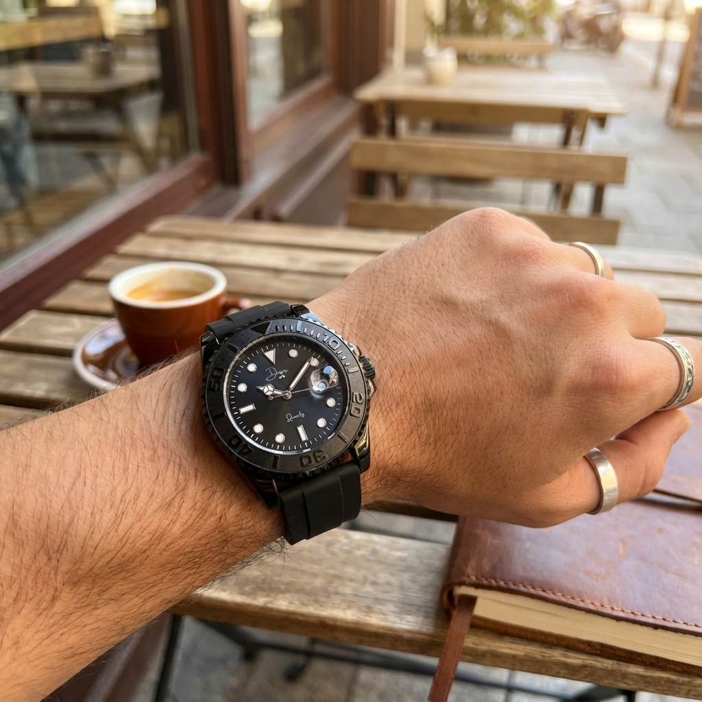 Person wearing a black wristwatch with a blurred cafe background
