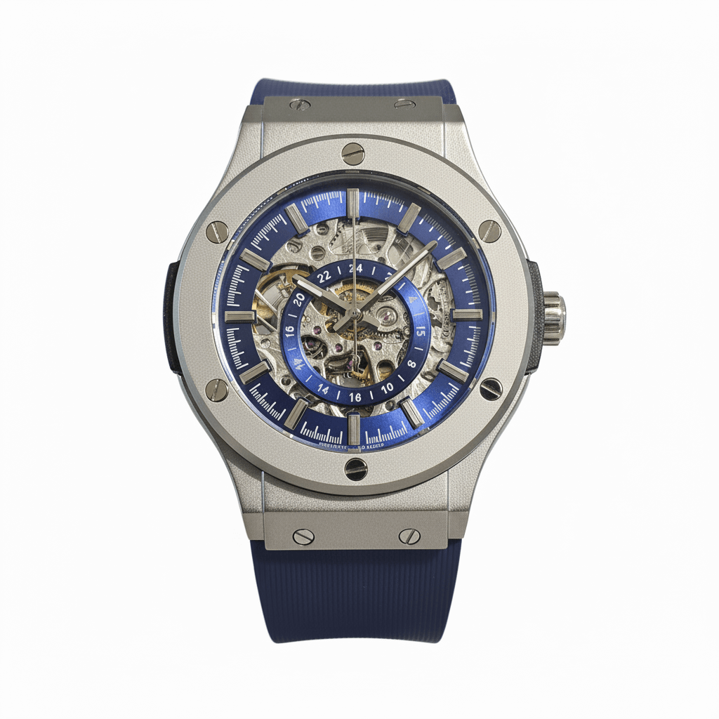 The 199 Blue - Skeleton Automatic Luxury Watch by Dapr with stainless-steel case and sapphire glass.